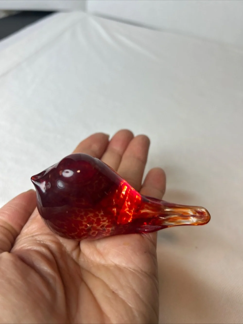 Handmade Glass Bird Jill Henrietta Davis Red Orange Speckled Paperweight Whimsy